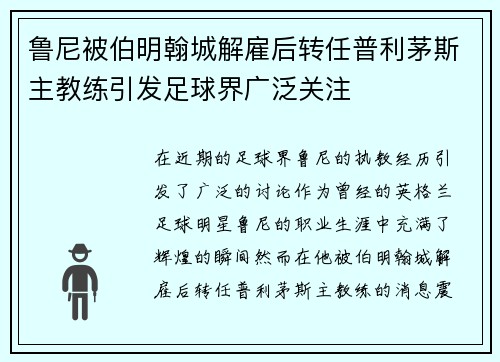 鲁尼被伯明翰城解雇后转任普利茅斯主教练引发足球界广泛关注